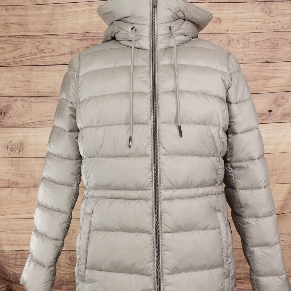 New! Michael Michael Kors Puffer Coat Womens L Gray Packable Long Hooded